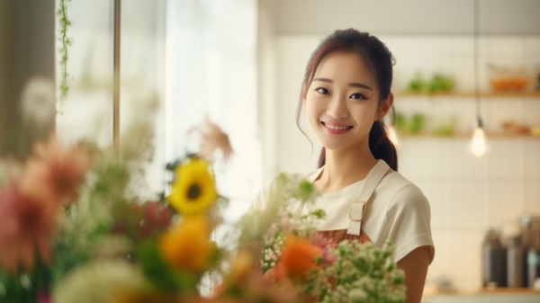 花の定期便:お花に囲まれて笑顔の女性